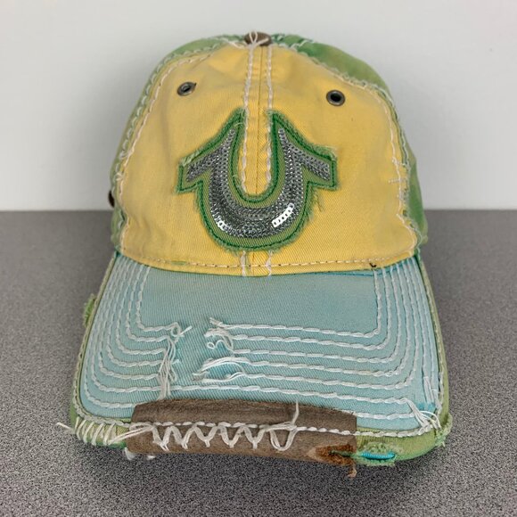 True Religion Distressed Green Yellow Blue Hat Y2K Strapback Cap - Picture 1 of 13
